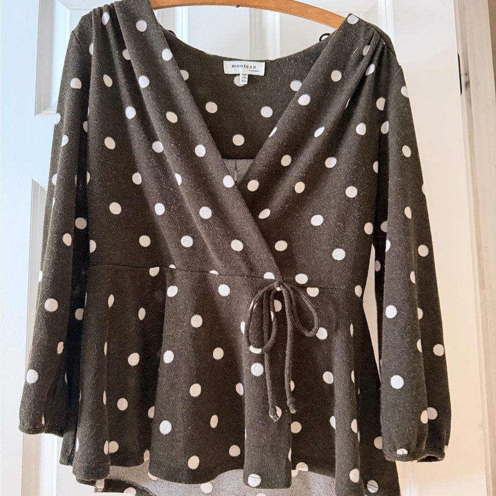 Monteau XL Brown Polka Dot Wrap Peplum Top with Cream Dots